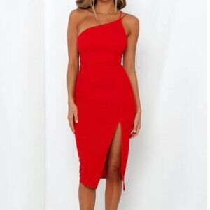Hello Molly Red One-Shoulder Midi Dress